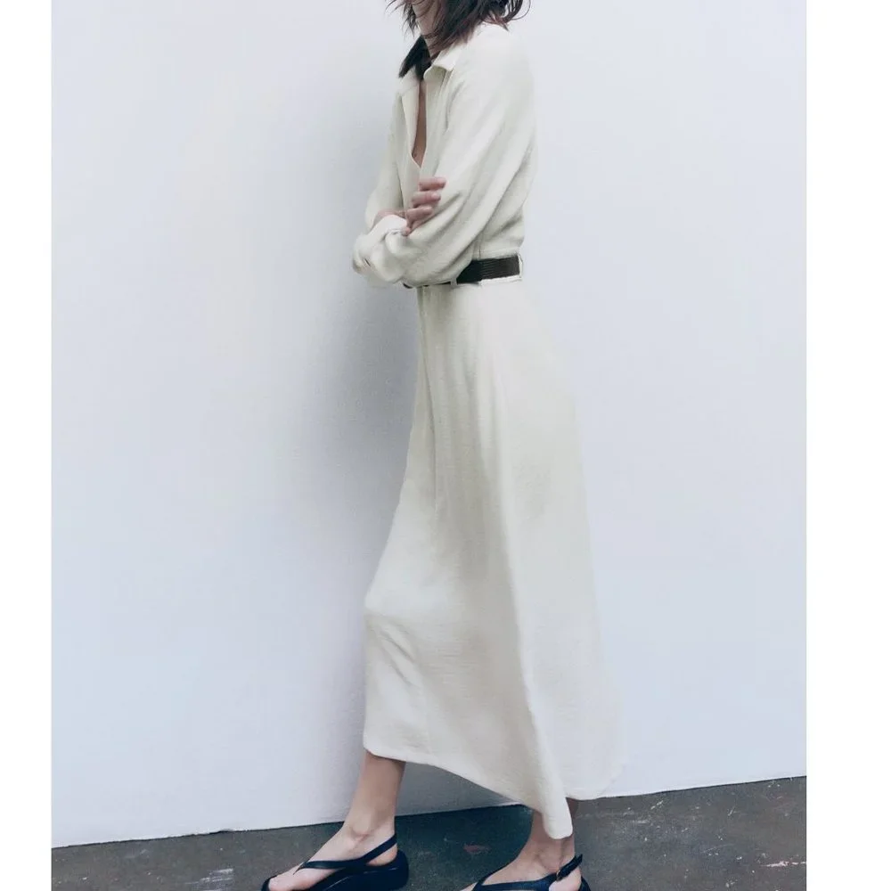 Zara Women's Ecru Belted Waist Midi Dress Size XS - Picture 3 of 13